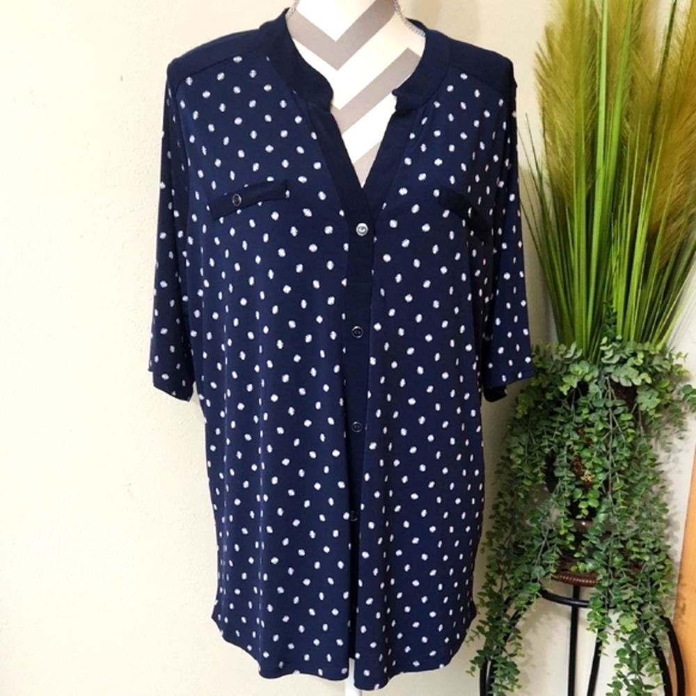 Elie McCarty Blue and White Button Down Blouse with Mandarin Collar